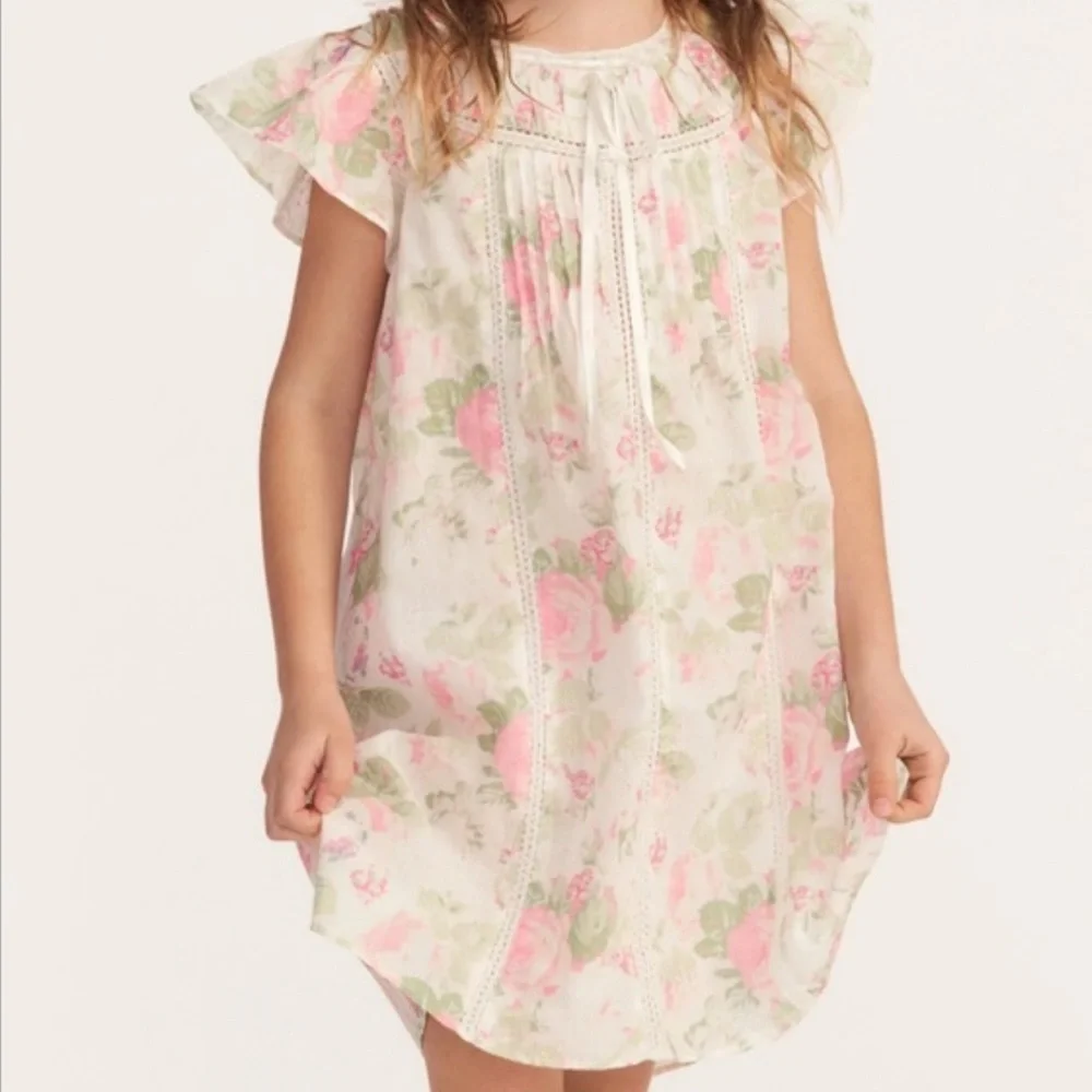 LoveShackFancy Girls Cream Dress with Pink Floral Print